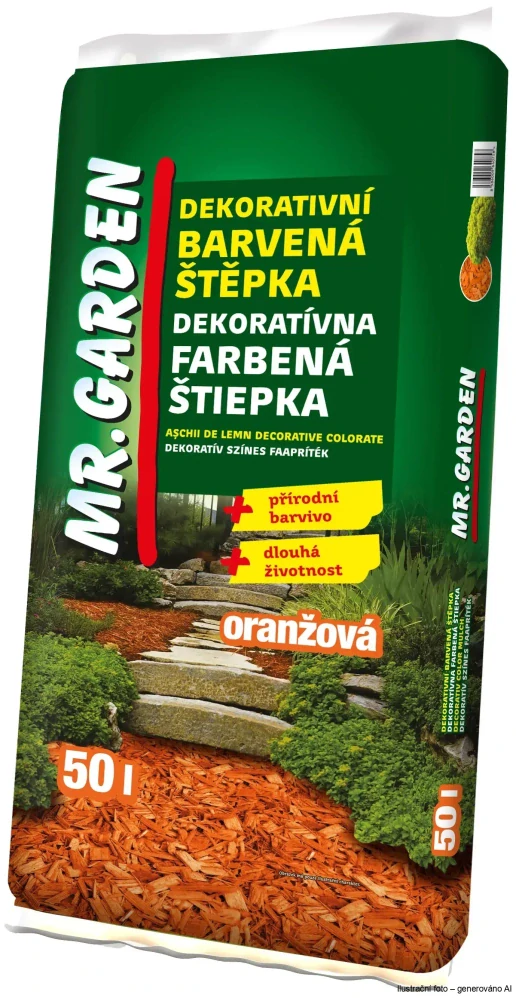 Dekorativní barevná mulčovací kůra - štěpka Mr.Garden oranžová 50L