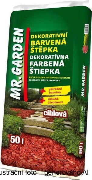 Dekorativní barevná mulčovací kůra - štěpka Mr.Garden cihlová - červená 50L