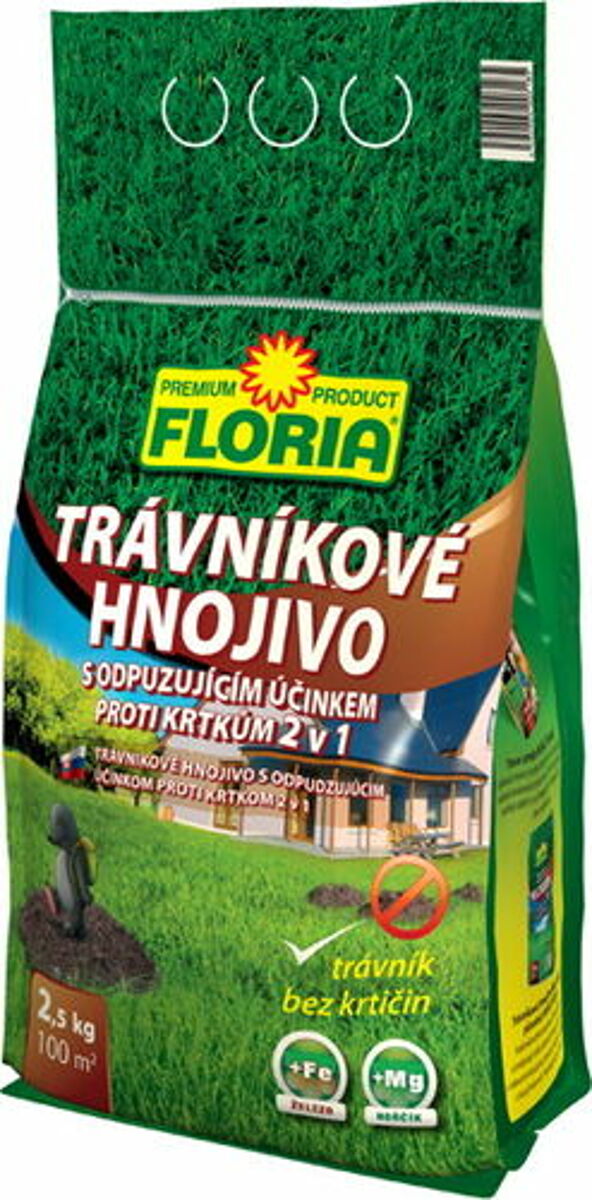 Trávníkové hnojivo s účinkem proti krtkům 2v1 Floria 2,5kg